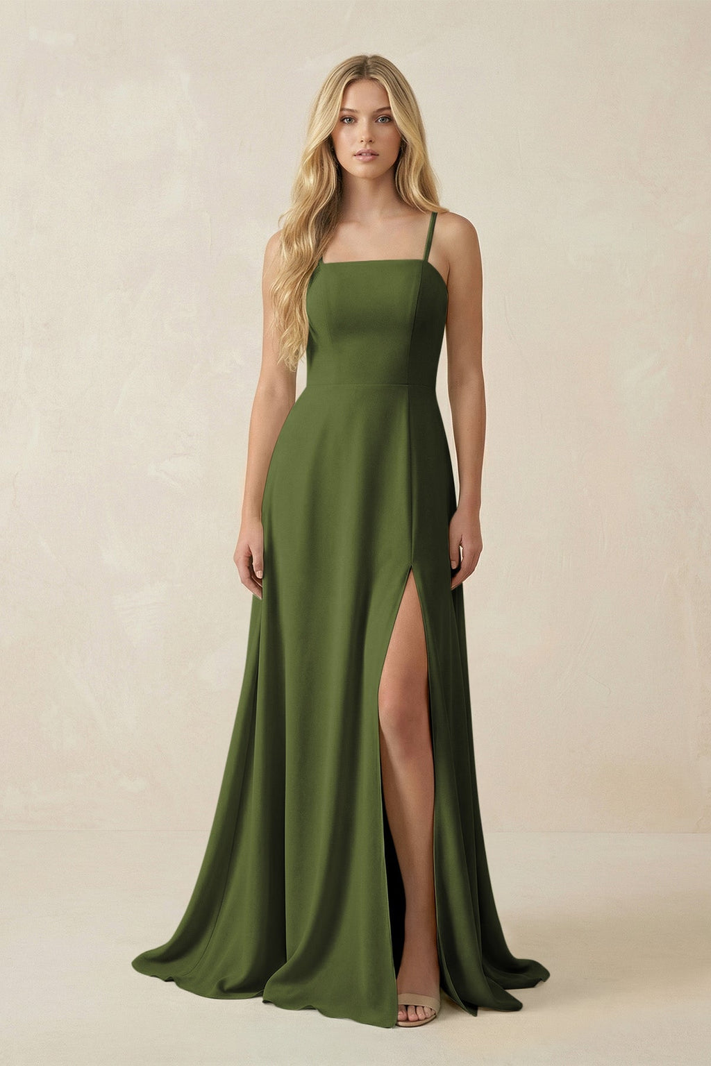 Spaghetti Strap Chiffon A - Line Bridesmaid Dress in Olive - SHE IS ME Bridesmaid Dresses