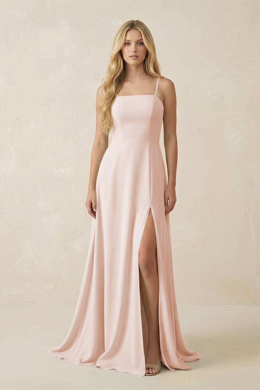Spaghetti Strap Chiffon A - Line Bridesmaid Dress in Pale Blush - SHE IS ME Bridesmaid Dresses