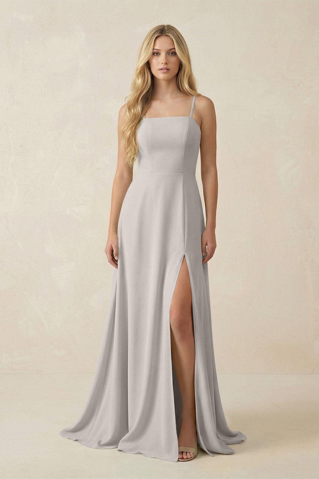 Spaghetti Strap Chiffon A - Line Bridesmaid Dress in Silver - SHE IS ME Bridesmaid Dresses