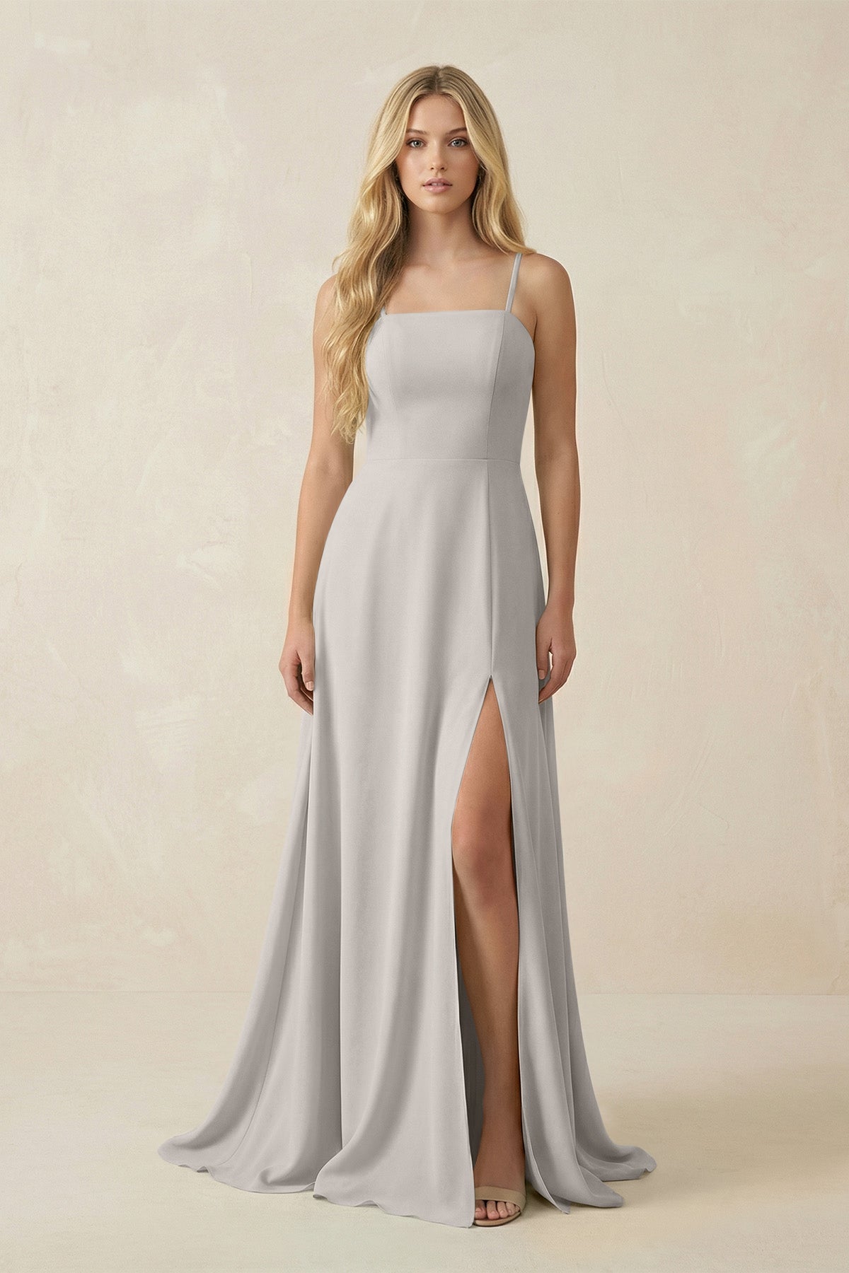 Spaghetti Strap Chiffon A - Line Bridesmaid Dress in Silver - SHE IS ME Bridesmaid Dresses