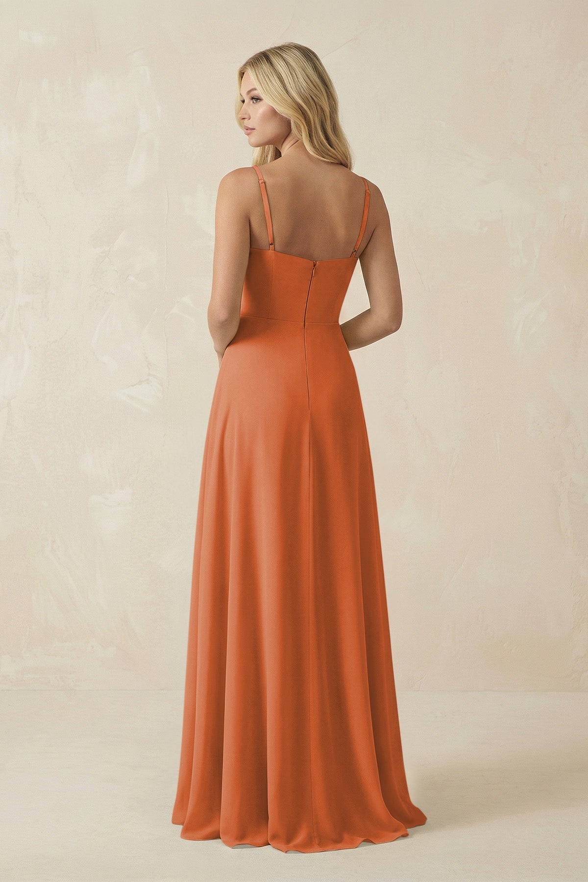 Spaghetti Strap Chiffon A - Line Bridesmaid Dress in Terracotta - SHE IS ME Bridesmaid Dresses
