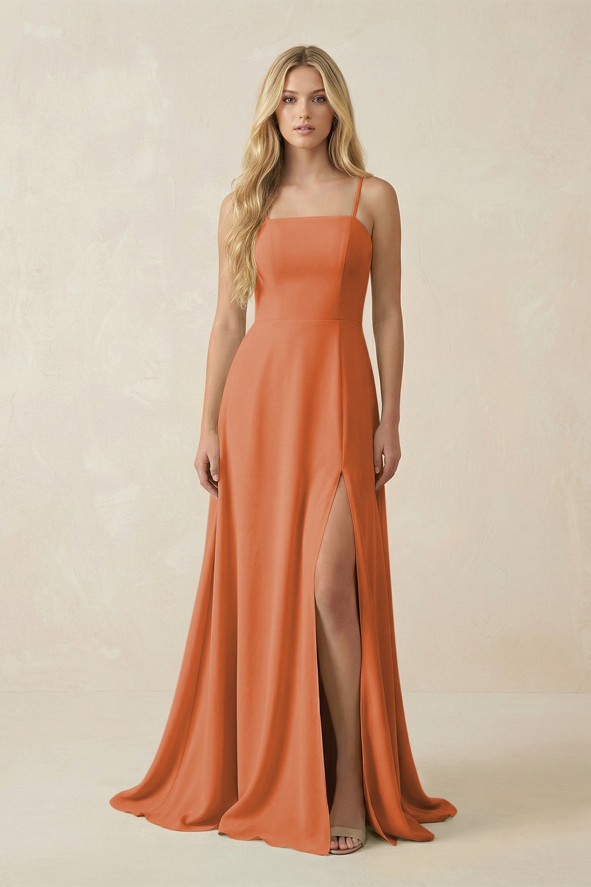 Spaghetti Strap Chiffon A - Line Bridesmaid Dress in Terracotta - SHE IS ME Bridesmaid Dresses