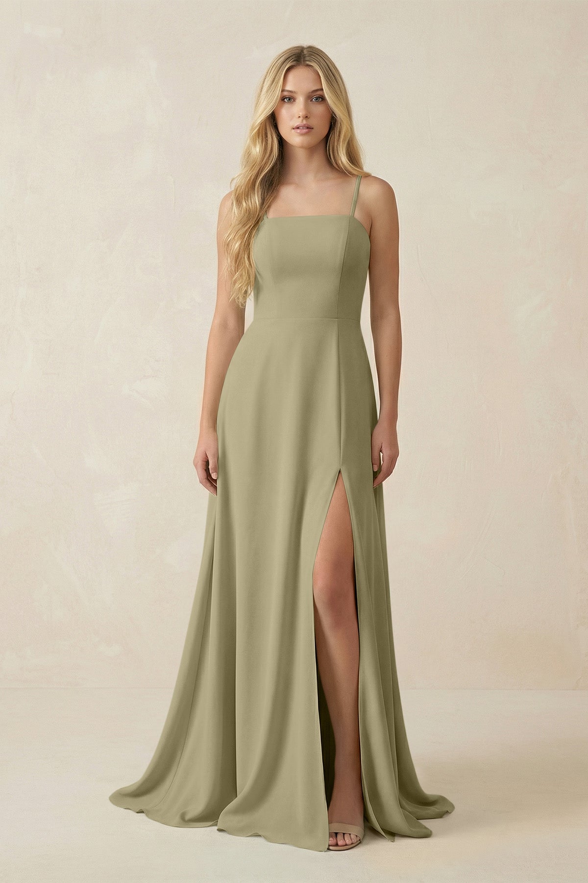 Spaghetti Strap Chiffon A - Line Bridesmaid Dress in Thyme - SHE IS ME Bridesmaid Dresses