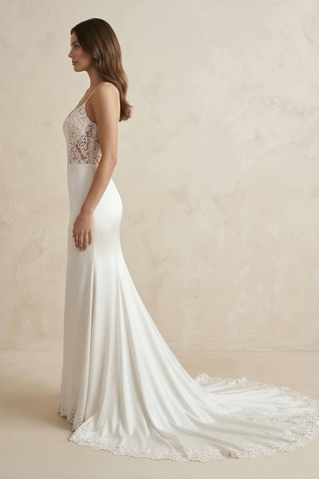 Spaghetti Strap Lace Mermaid Satin Wedding Dress in White - SHE IS ME Wedding Dresses