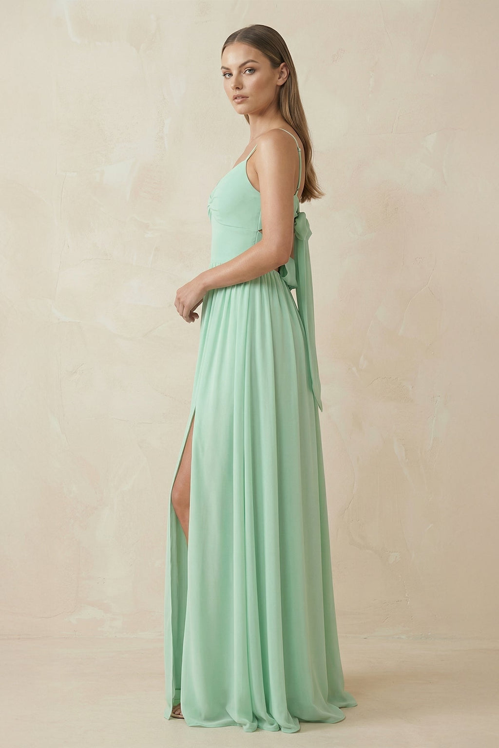 Spaghetti Strap Pleated A-Line Chiffon Bridesmaid Dress in Pale Pistachio - SHE IS ME BRIDESMAID DRESSES