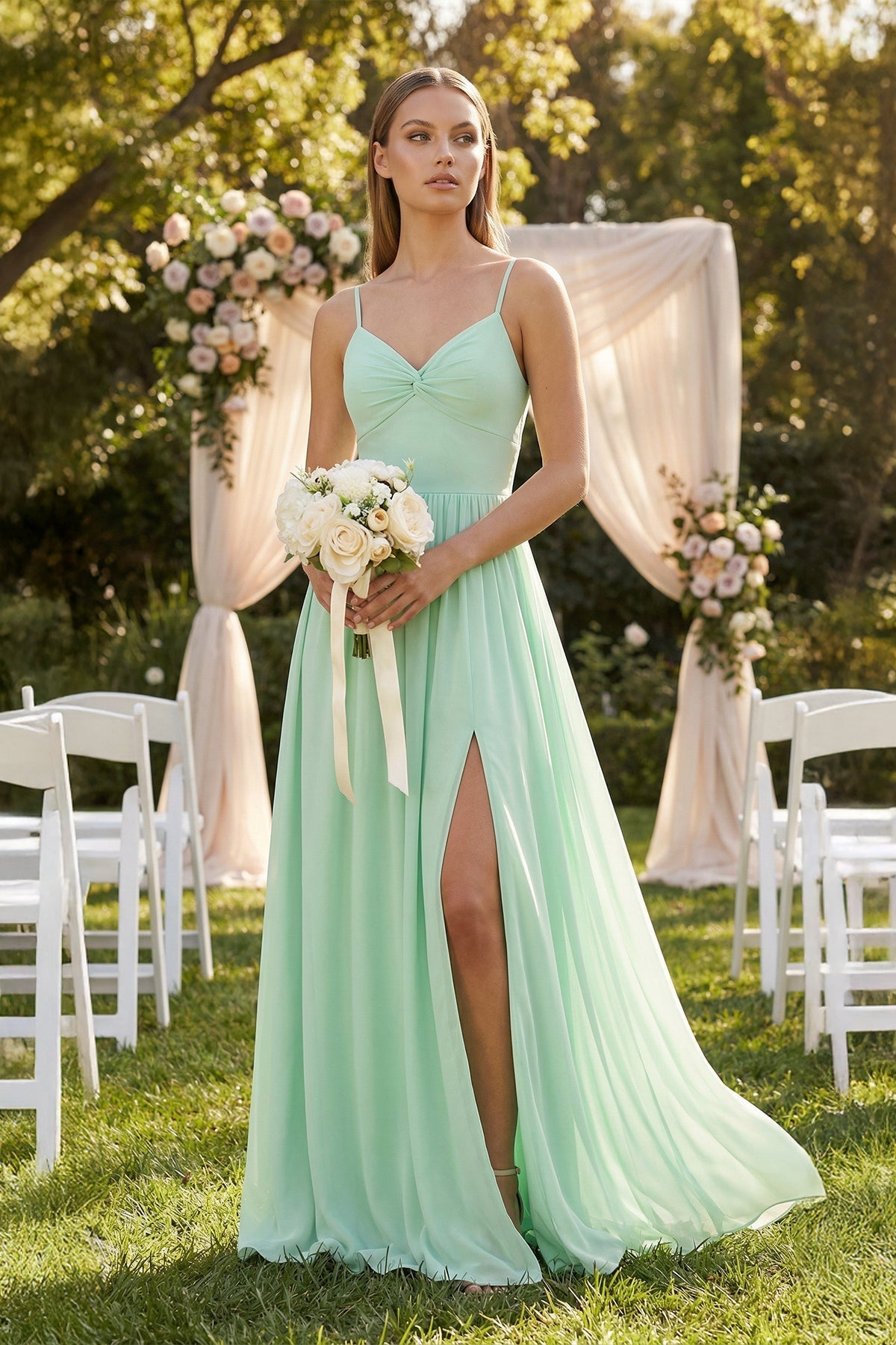 Spaghetti Strap Pleated A-Line Chiffon Bridesmaid Dress in Pale Pistachio - SHE IS ME BRIDESMAID DRESSES