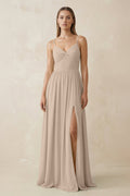Spaghetti Strap Pleated A - Line Chiffon Bridesmaid Dress in Almond - SHE IS ME Bridesmaid Dresses