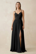 Spaghetti Strap Pleated A - Line Chiffon Bridesmaid Dress in Black - SHE IS ME Bridesmaid Dresses