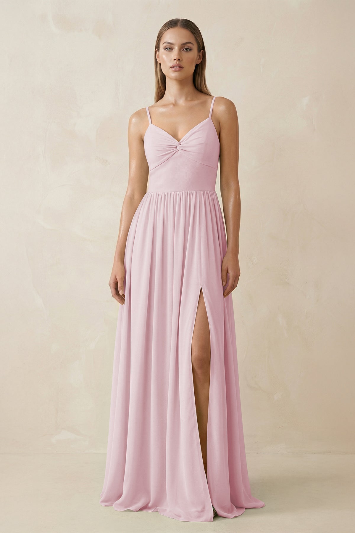 Spaghetti Strap Pleated A - Line Chiffon Bridesmaid Dress in Candy Pink - SHE IS ME Bridesmaid Dresses