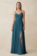 Spaghetti Strap Pleated A - Line Chiffon Bridesmaid Dress in Dark Teal - SHE IS ME Bridesmaid Dresses