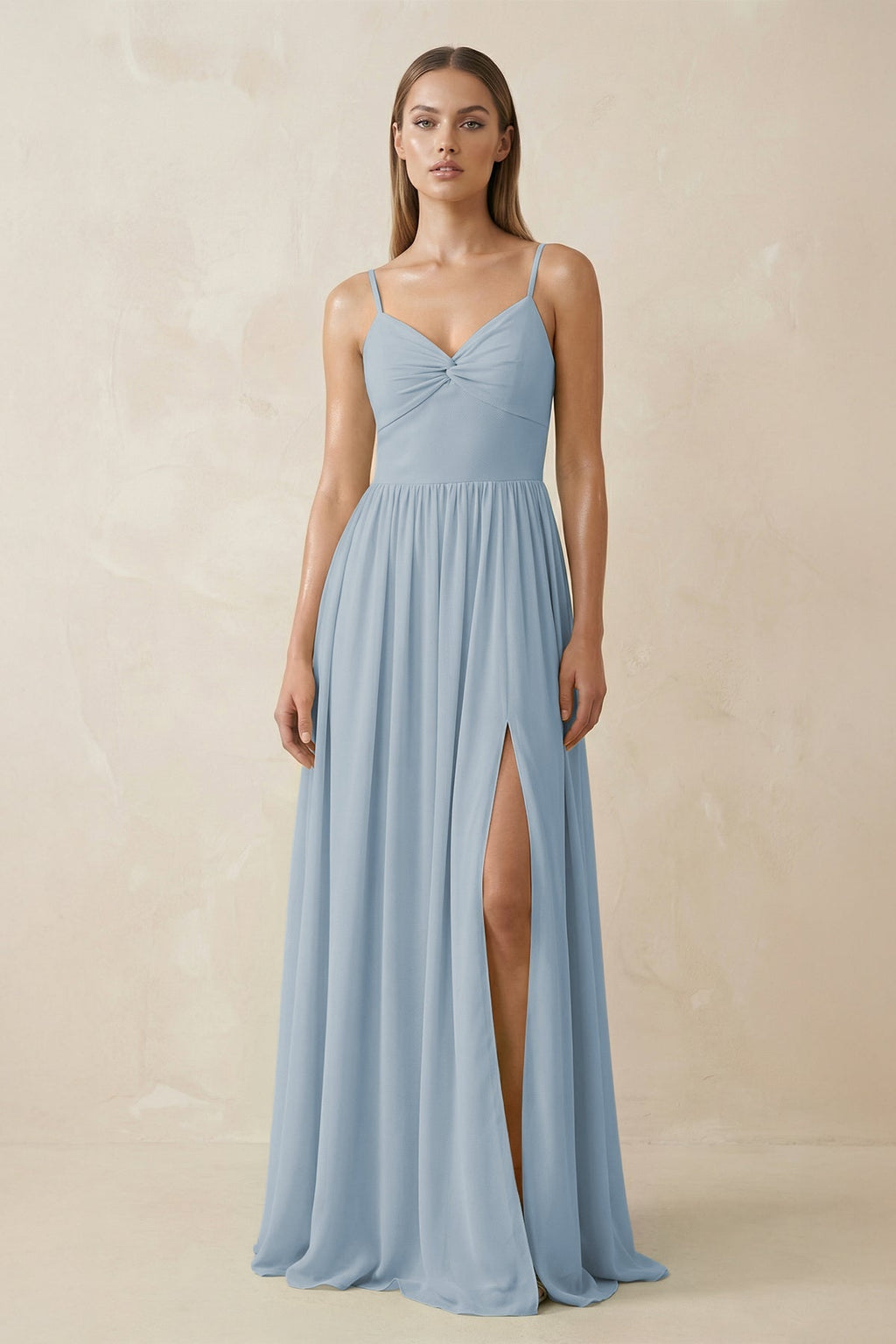 Spaghetti Strap Pleated A - Line Chiffon Bridesmaid Dress in Dusty Blue - SHE IS ME Bridesmaid Dresses