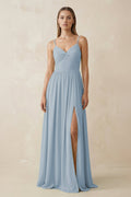 Spaghetti Strap Pleated A - Line Chiffon Bridesmaid Dress in Dusty Blue - SHE IS ME Bridesmaid Dresses
