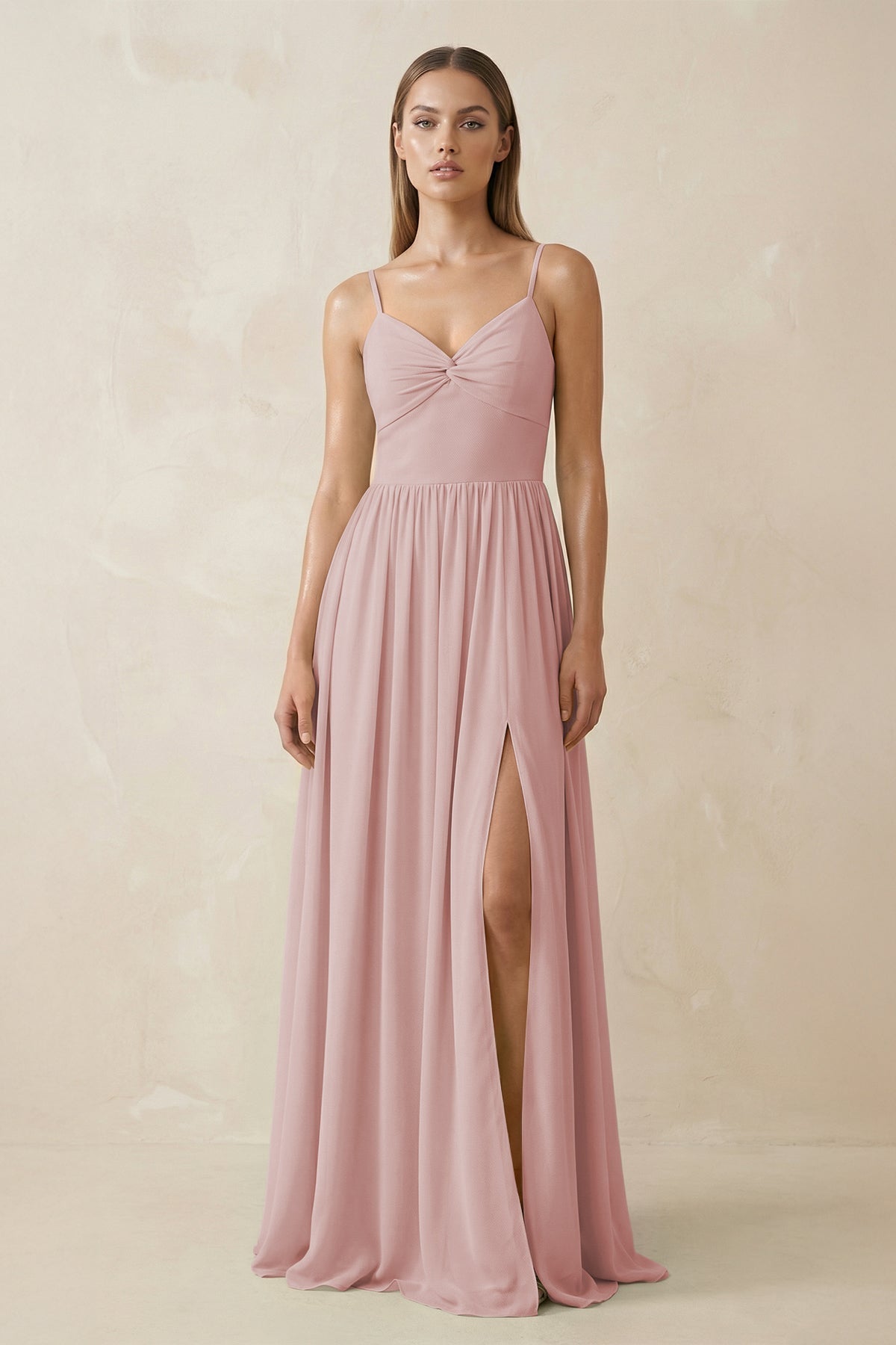 Spaghetti Strap Pleated A - Line Chiffon Bridesmaid Dress in Dusty Rose - SHE IS ME Bridesmaid Dresses