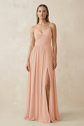 Spaghetti Strap Pleated A - Line Chiffon Bridesmaid Dress in English Rose - SHE IS ME Bridesmaid Dresses