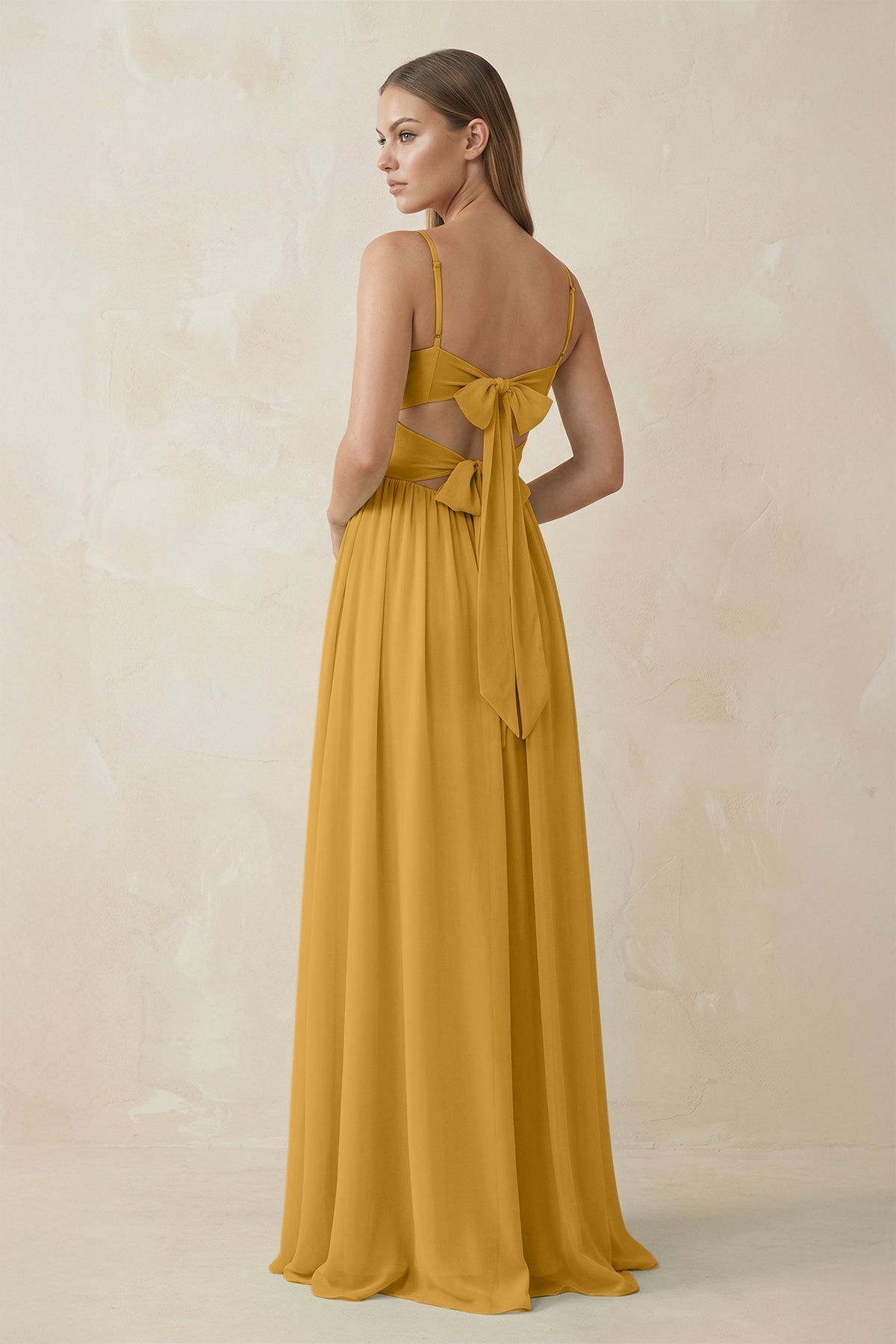 Spaghetti Strap Pleated A - Line Chiffon Bridesmaid Dress in Marigold - SHE IS ME Bridesmaid Dresses