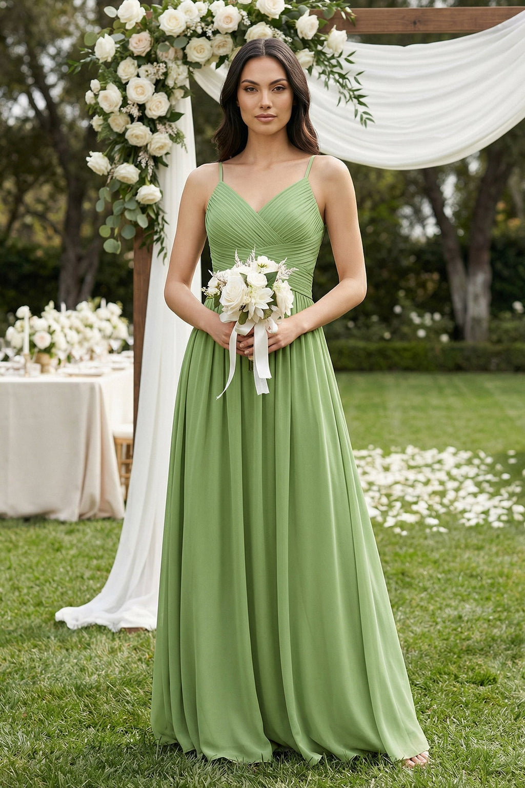 A-Line Pleated Spaghetti Strap Chiffon Bridesmaid Dress in Matcha - SHE IS ME BRIDESMAID DRESSES