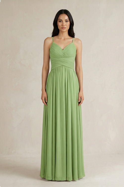 A-Line Pleated Spaghetti Strap Chiffon Bridesmaid Dress in Matcha - SHE IS ME BRIDESMAID DRESSES