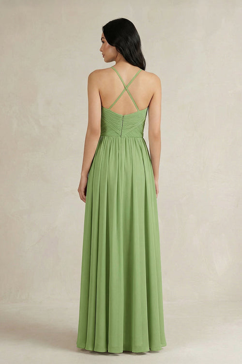 A-Line Pleated Spaghetti Strap Chiffon Bridesmaid Dress in Matcha - SHE IS ME BRIDESMAID DRESSES