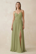 Spaghetti Strap Pleated A - Line Chiffon Bridesmaid Dress in Moss Green - SHE IS ME Bridesmaid Dresses