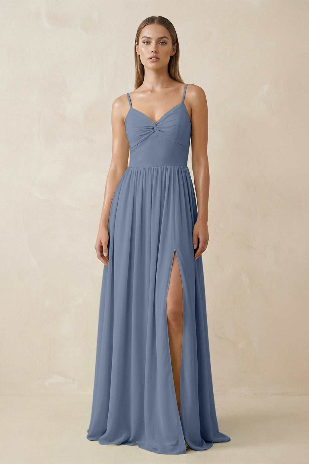 Spaghetti Strap Pleated A - Line Chiffon Bridesmaid Dress in Neptune - SHE IS ME Bridesmaid Dresses