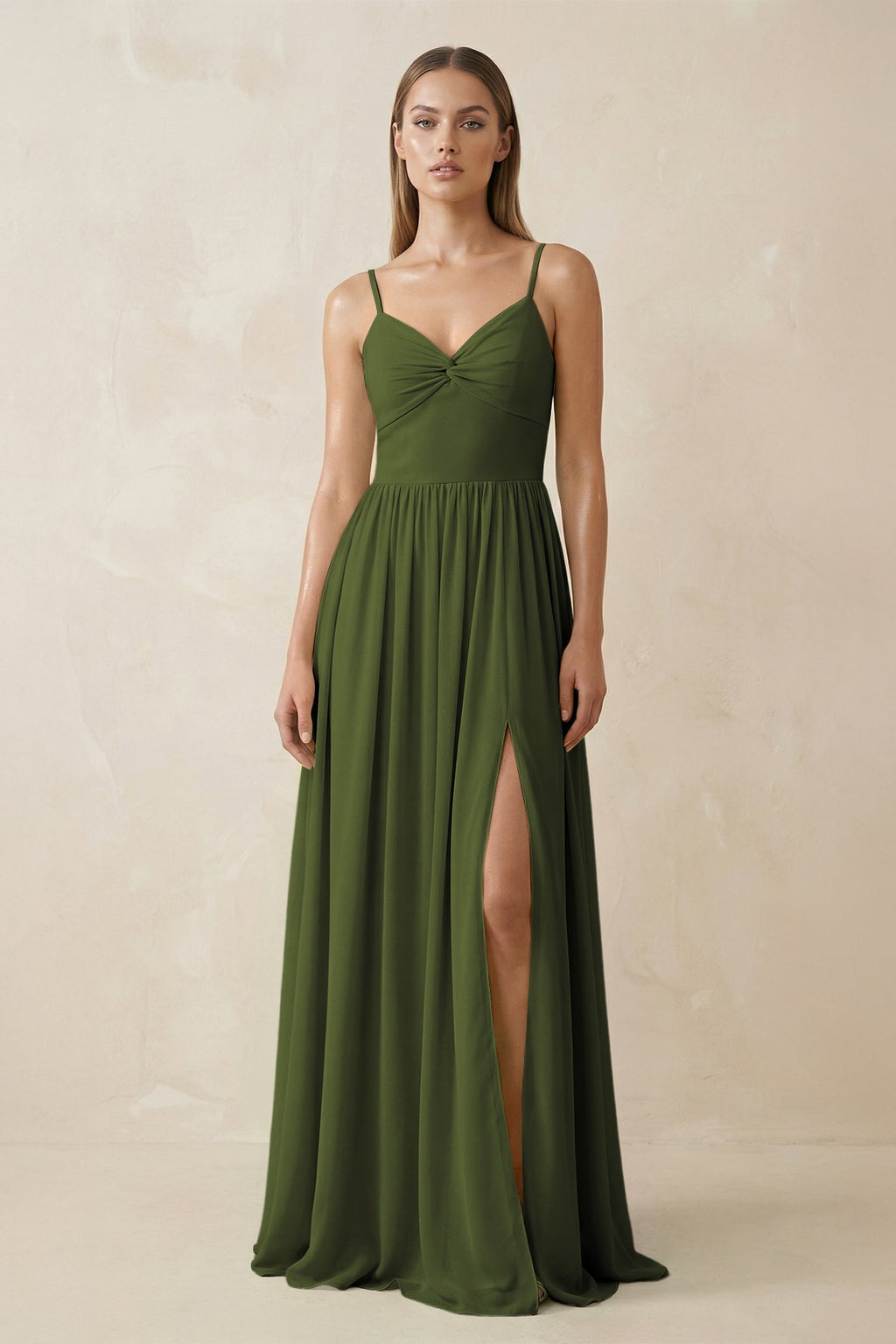 Spaghetti Strap Pleated A - Line Chiffon Bridesmaid Dress in Olive - SHE IS ME Bridesmaid Dresses