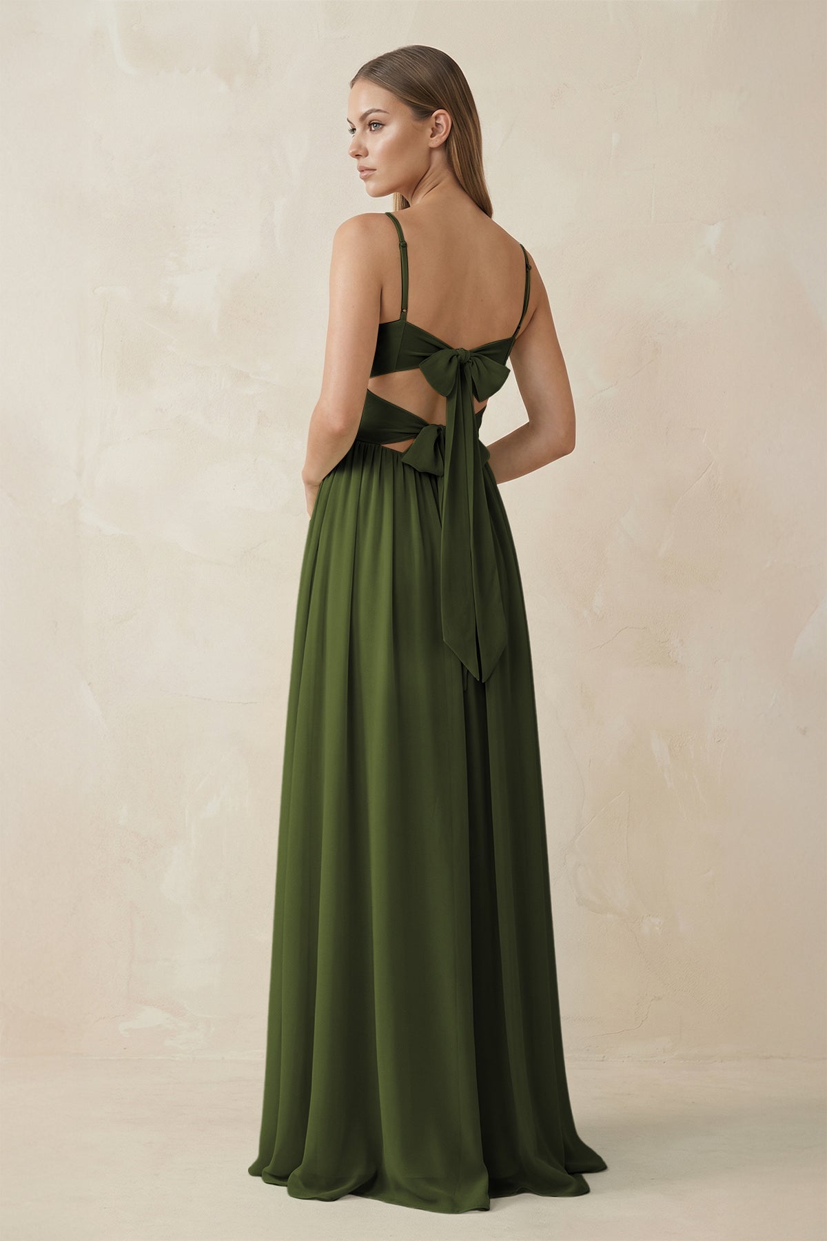 Spaghetti Strap Pleated A - Line Chiffon Bridesmaid Dress in Olive - SHE IS ME Bridesmaid Dresses