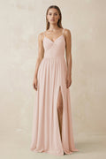 Spaghetti Strap Pleated A - Line Chiffon Bridesmaid Dress in Pale Blush - SHE IS ME Bridesmaid Dresses