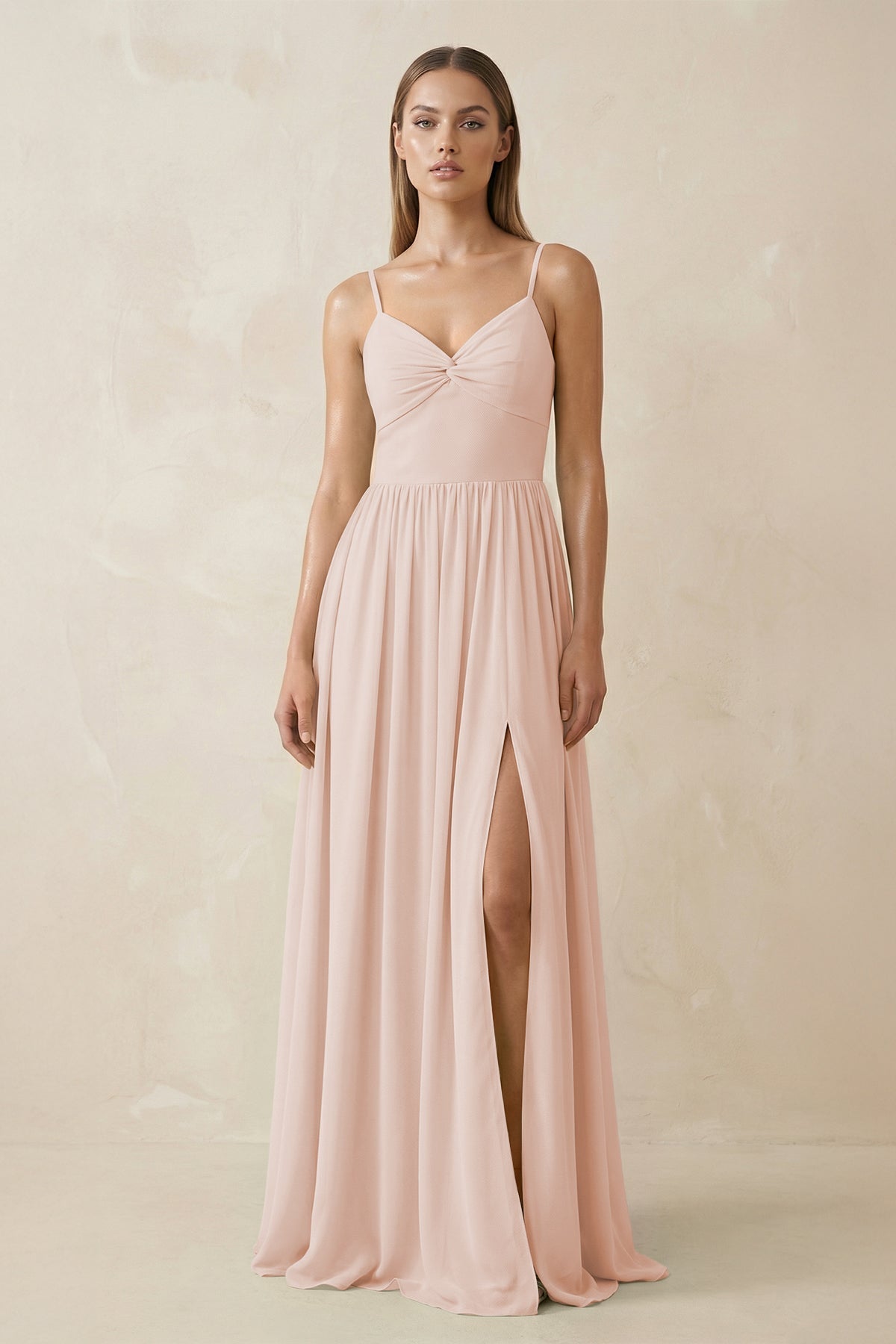 Spaghetti Strap Pleated A - Line Chiffon Bridesmaid Dress in Pale Blush - SHE IS ME Bridesmaid Dresses