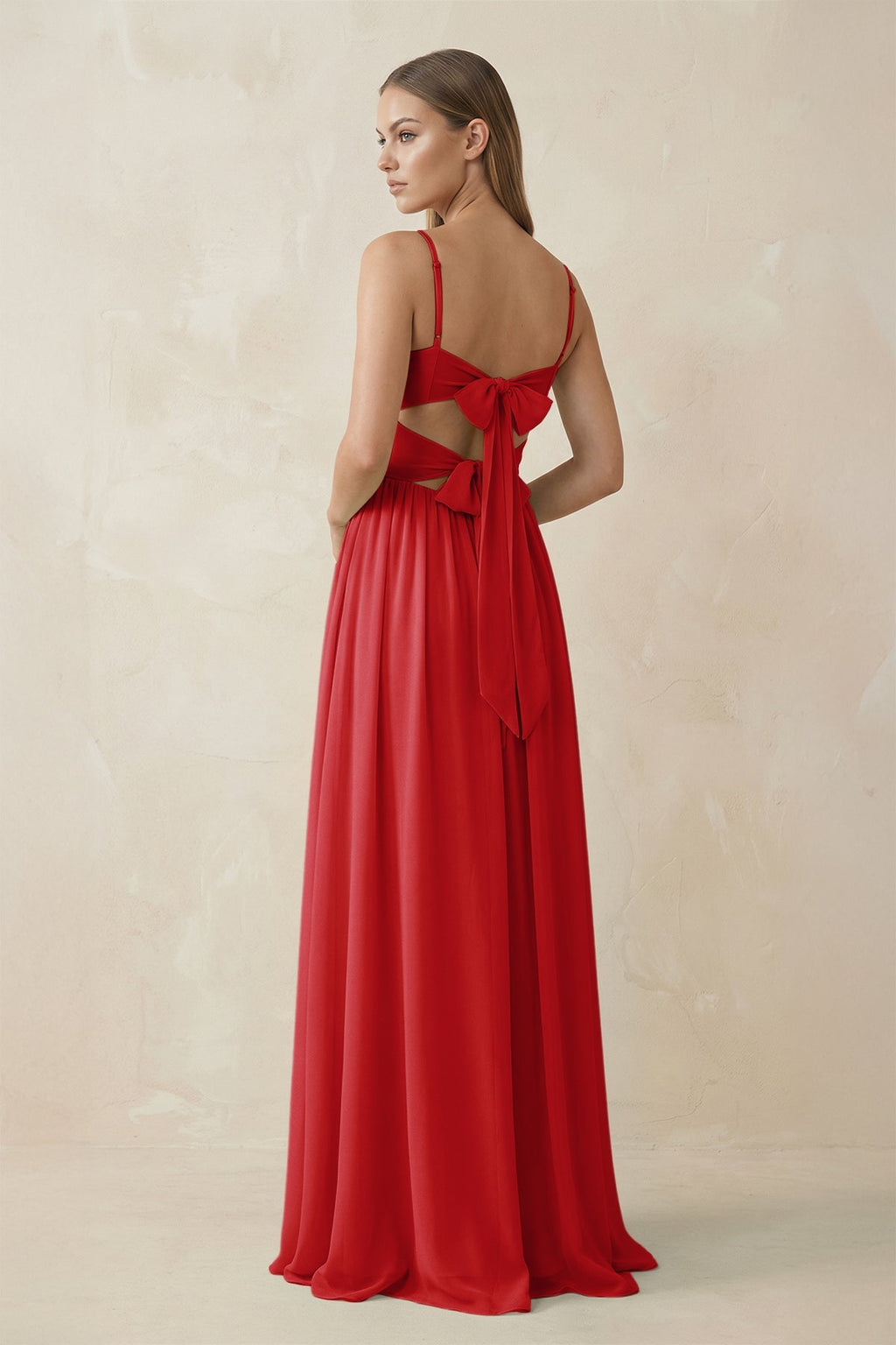 Spaghetti Strap Pleated A - Line Chiffon Bridesmaid Dress in Ruby Red - SHE IS ME Bridesmaid Dresses