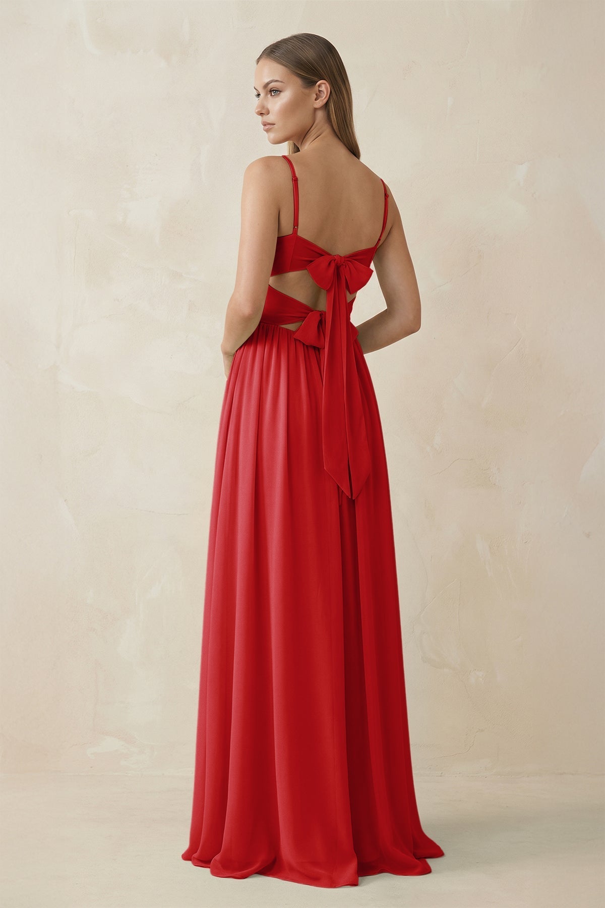 Spaghetti Strap Pleated A - Line Chiffon Bridesmaid Dress in Ruby Red - SHE IS ME Bridesmaid Dresses