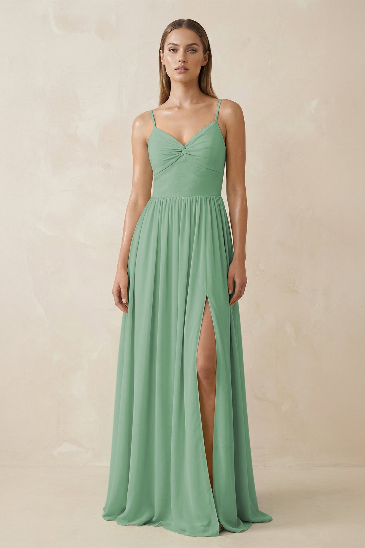 Spaghetti Strap Pleated A - Line Chiffon Bridesmaid Dress in Sea Glass - SHE IS ME Bridesmaid Dresses