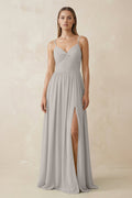Spaghetti Strap Pleated A - Line Chiffon Bridesmaid Dress in Silver - SHE IS ME Bridesmaid Dresses