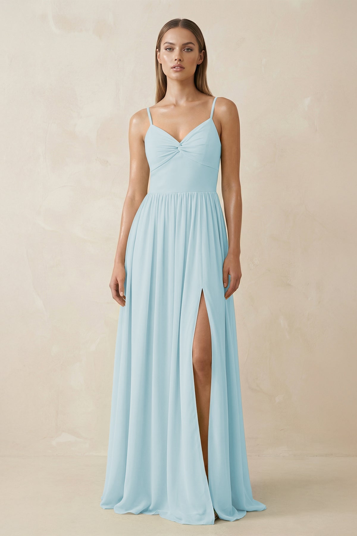 Spaghetti Strap Pleated A - Line Chiffon Bridesmaid Dress in Sky Blue - SHE IS ME Bridesmaid Dresses
