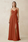 Spaghetti Strap Pleated A - Line Chiffon Bridesmaid Dress in Spice - SHE IS ME Bridesmaid Dresses