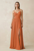 Spaghetti Strap Pleated A - Line Chiffon Bridesmaid Dress in Terracotta - SHE IS ME Bridesmaid Dresses