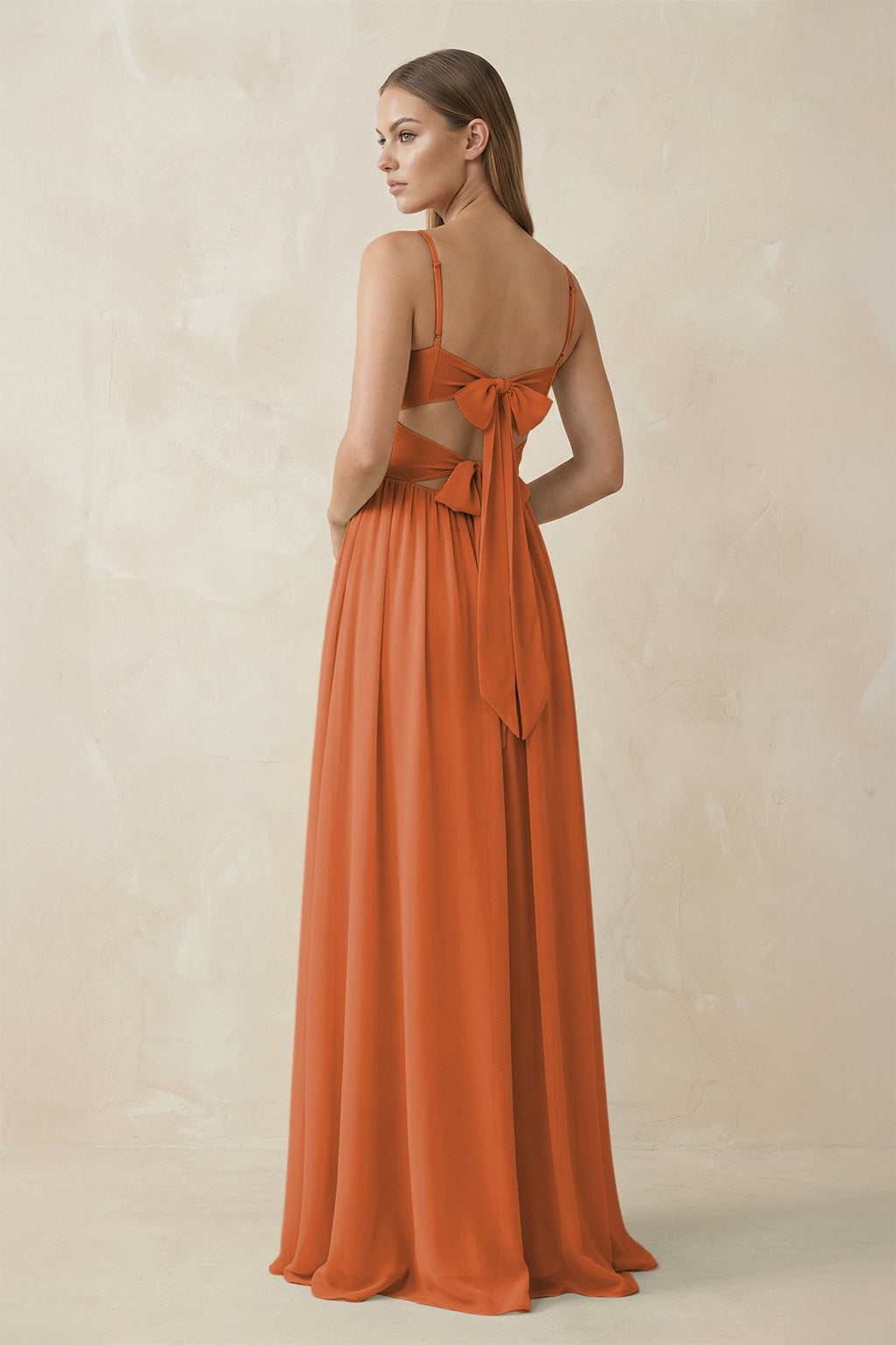 Spaghetti Strap Pleated A - Line Chiffon Bridesmaid Dress in Terracotta - SHE IS ME Bridesmaid Dresses