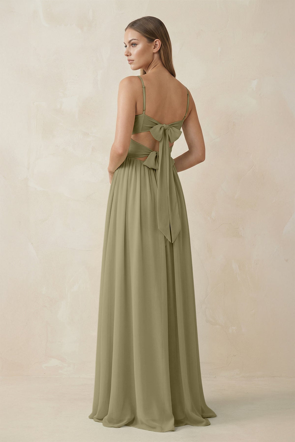 Spaghetti Strap Pleated A - Line Chiffon Bridesmaid Dress in Thyme - SHE IS ME Bridesmaid Dresses