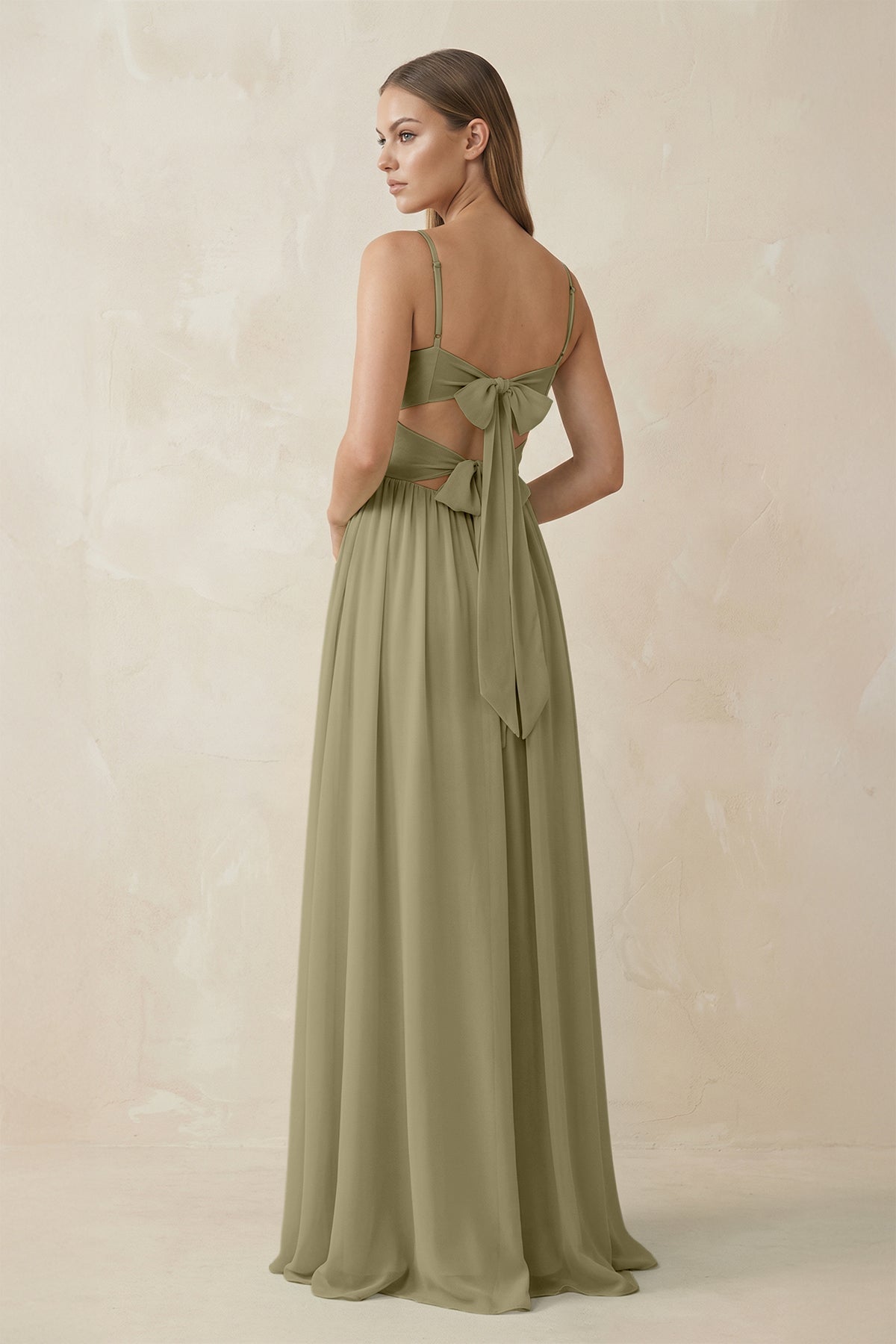 Spaghetti Strap Pleated A - Line Chiffon Bridesmaid Dress in Thyme - SHE IS ME Bridesmaid Dresses
