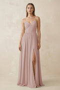 Spaghetti Strap Pleated A - Line Chiffon Bridesmaid Dress in Toffee - SHE IS ME Bridesmaid Dresses