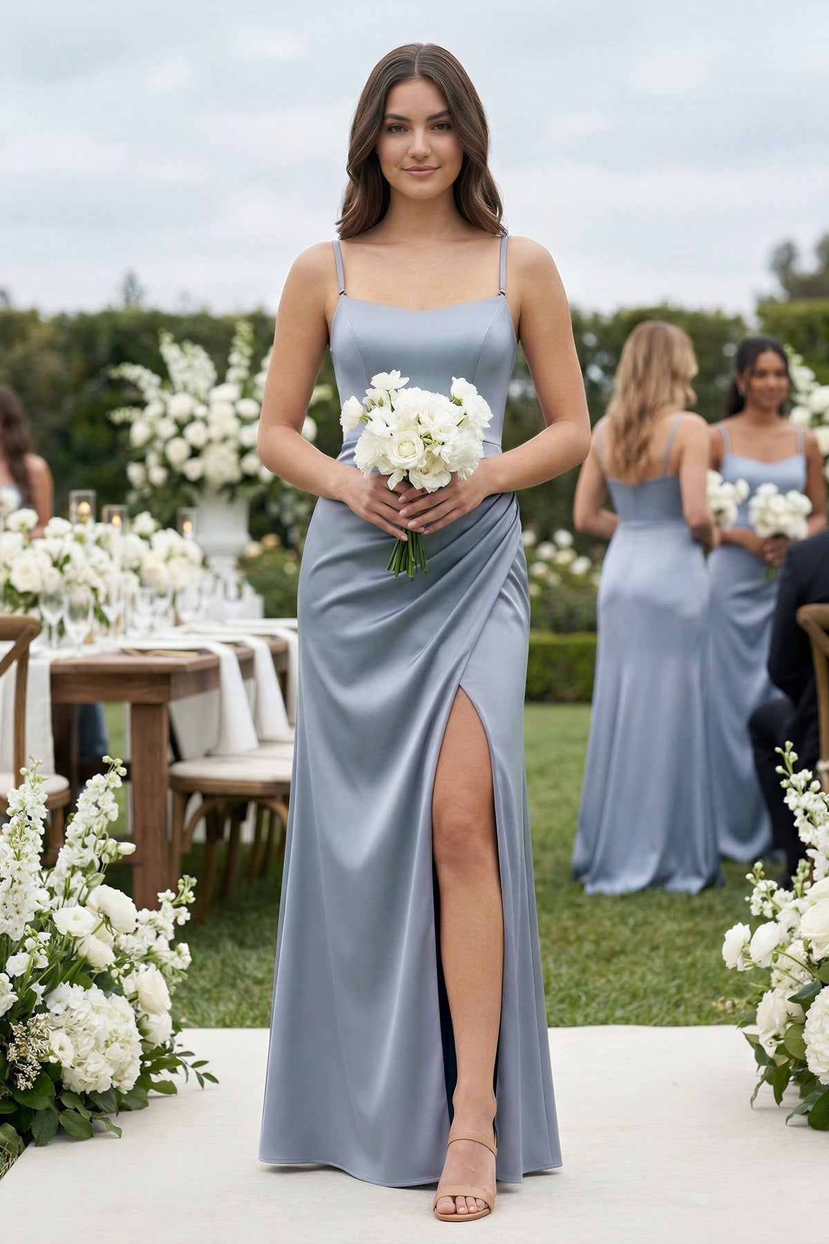 Spaghetti Strap Ruched Sheath Satin Bridesmaid Dress in Twilight - SHE IS ME Bridesmaid Dresses