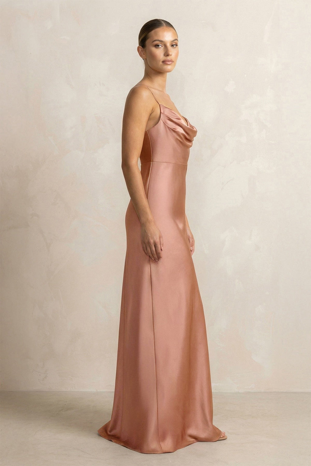 Spaghetti Strap Satin Sheath Bridesmaid Dress in Rosette - SHE IS ME Bridesmaid Dresses
