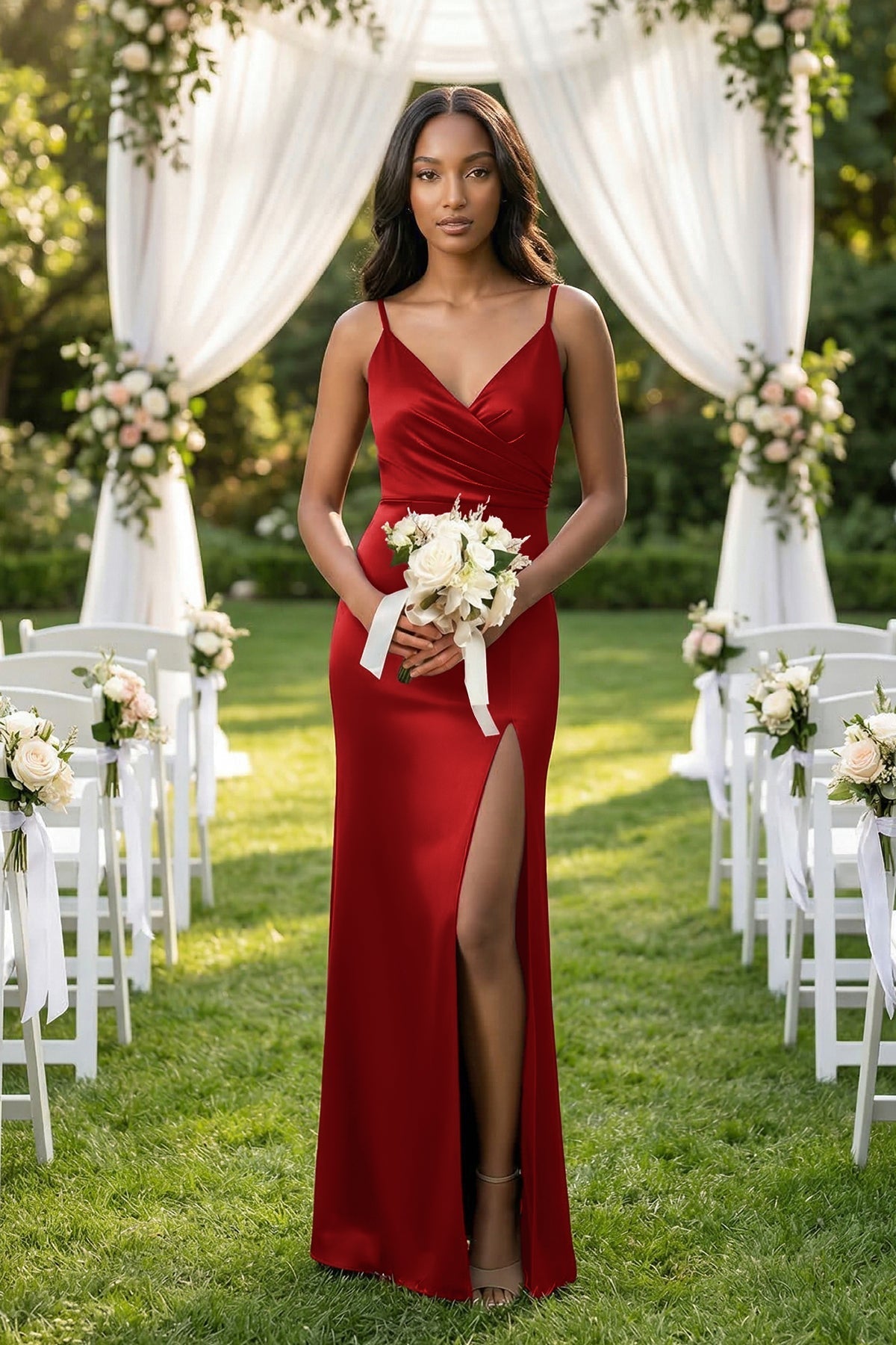 Spaghetti Strap Sheath Satin Ruched Bridesmaid Dress in Spice - SHE IS ME Bridesmaid Dresses