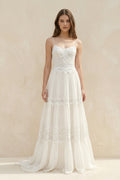 Spaghetti Straps Lace A - Line Ruffled Boho Wedding Dress in White - SHE IS ME Wedding Dresses
