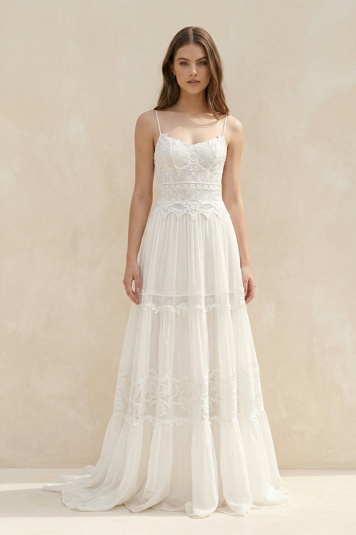 Spaghetti Straps Lace A - Line Ruffled Boho Wedding Dress in White - SHE IS ME Wedding Dresses