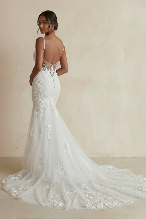 Spaghetti Straps Mermaid Lace Wedding Dress in White - SHE IS ME Wedding Dresses