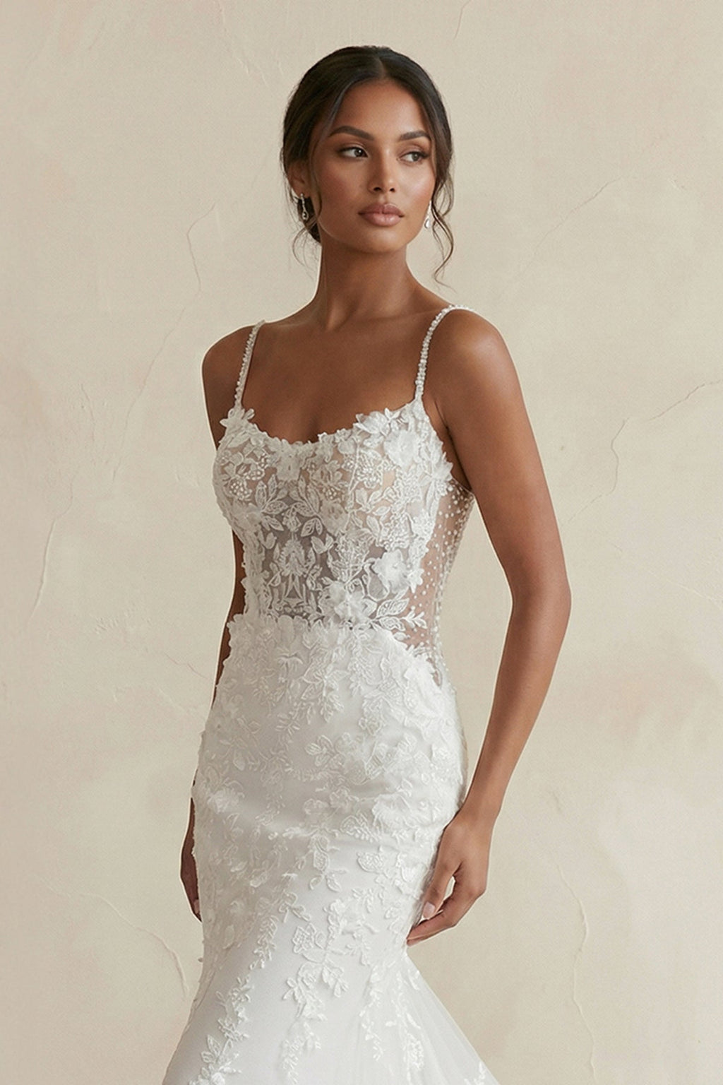 Spaghetti Straps Mermaid Lace Wedding Dress in White - SHE IS ME Wedding Dresses