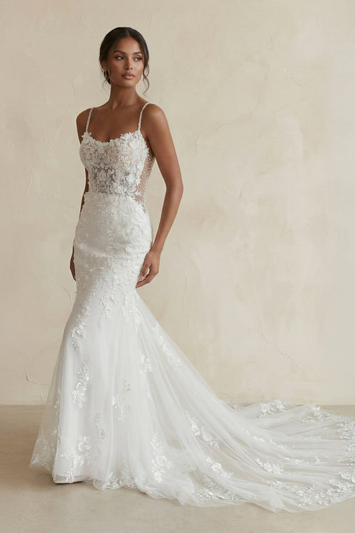 Spaghetti Straps Mermaid Lace Wedding Dress in White - SHE IS ME Wedding Dresses