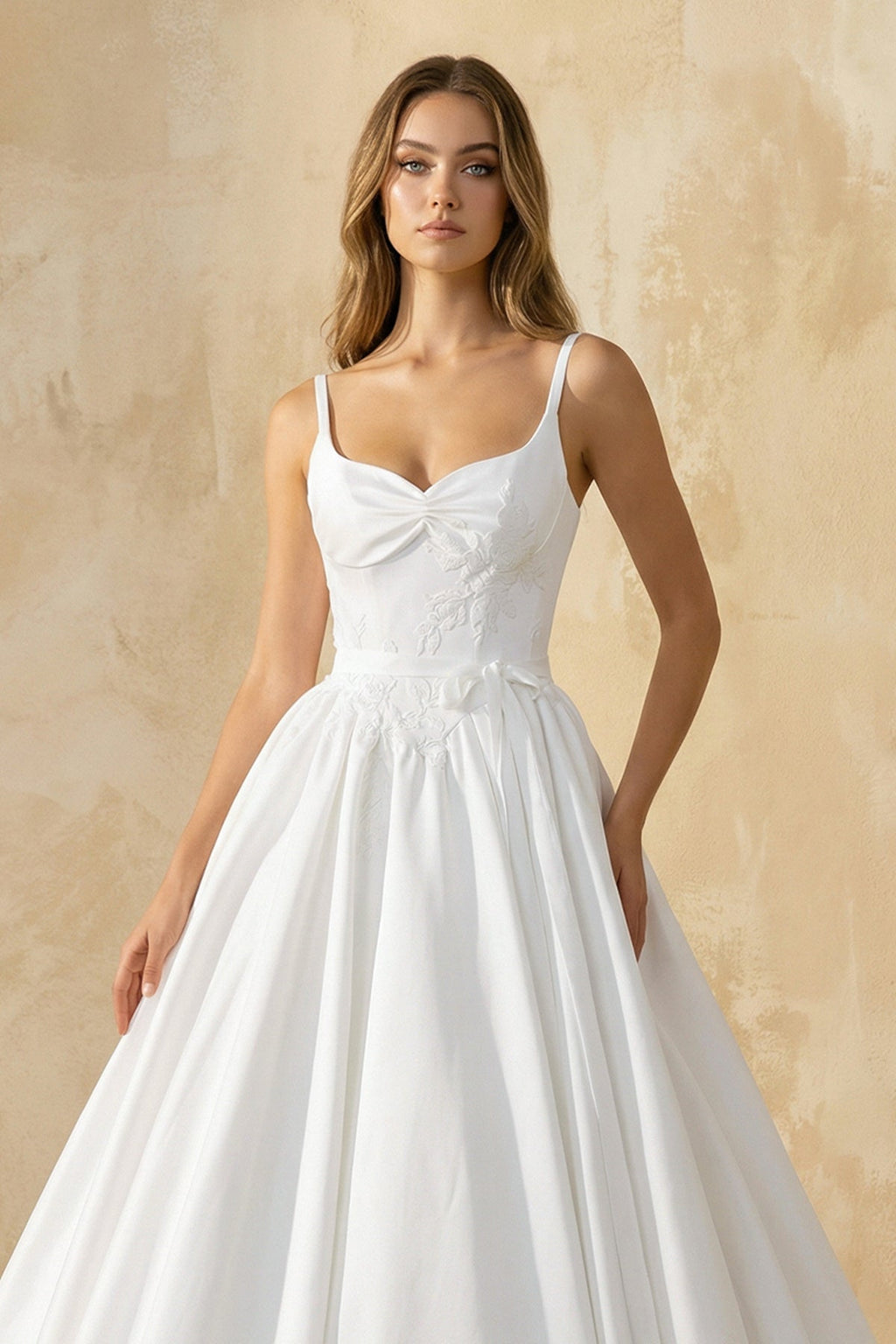 Spaghetti Straps Satin Ball Gown With Appliques in White - SHE IS ME Wedding Dresses