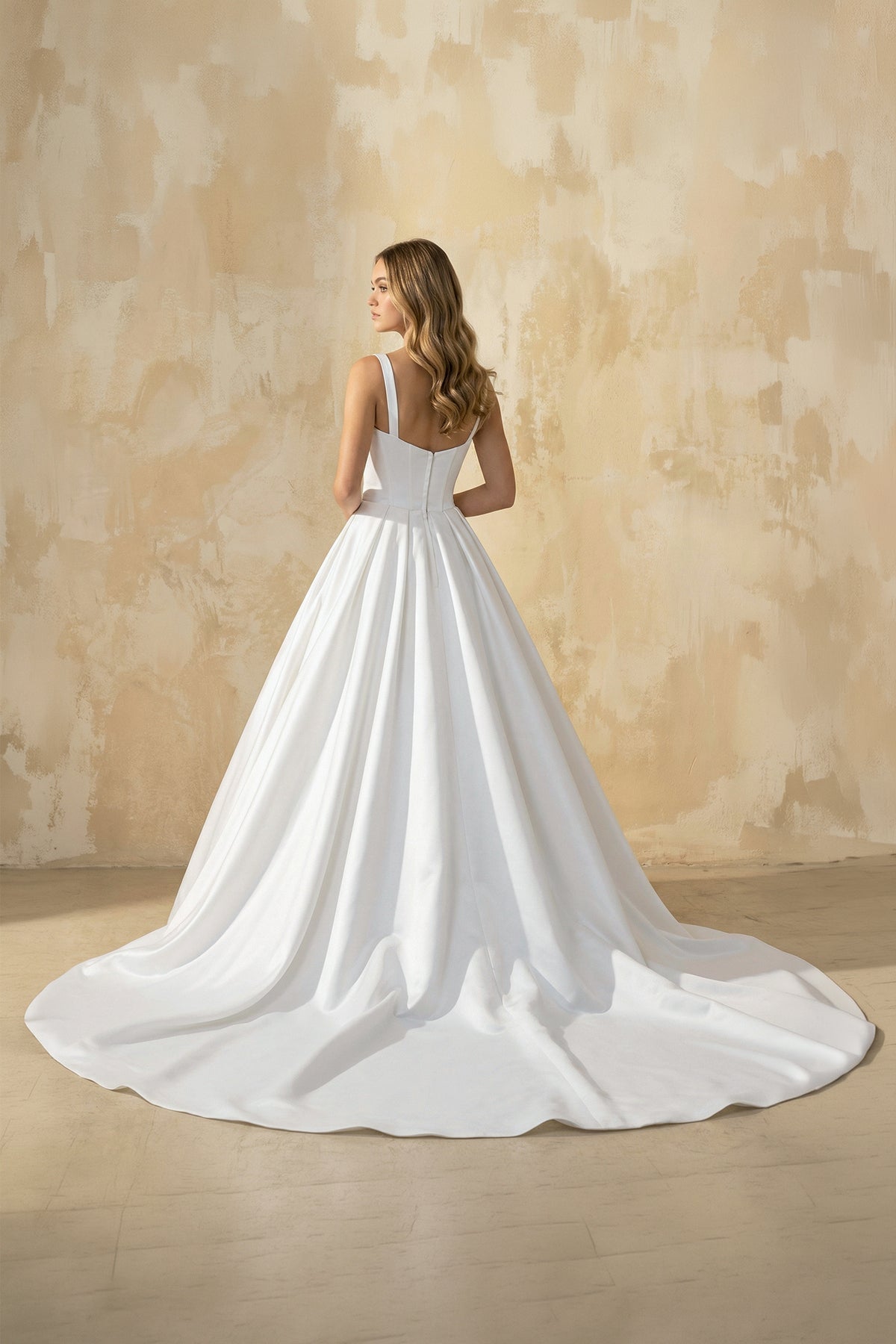 Spaghetti Straps Satin Ball Gown With Appliques in White - SHE IS ME Wedding Dresses