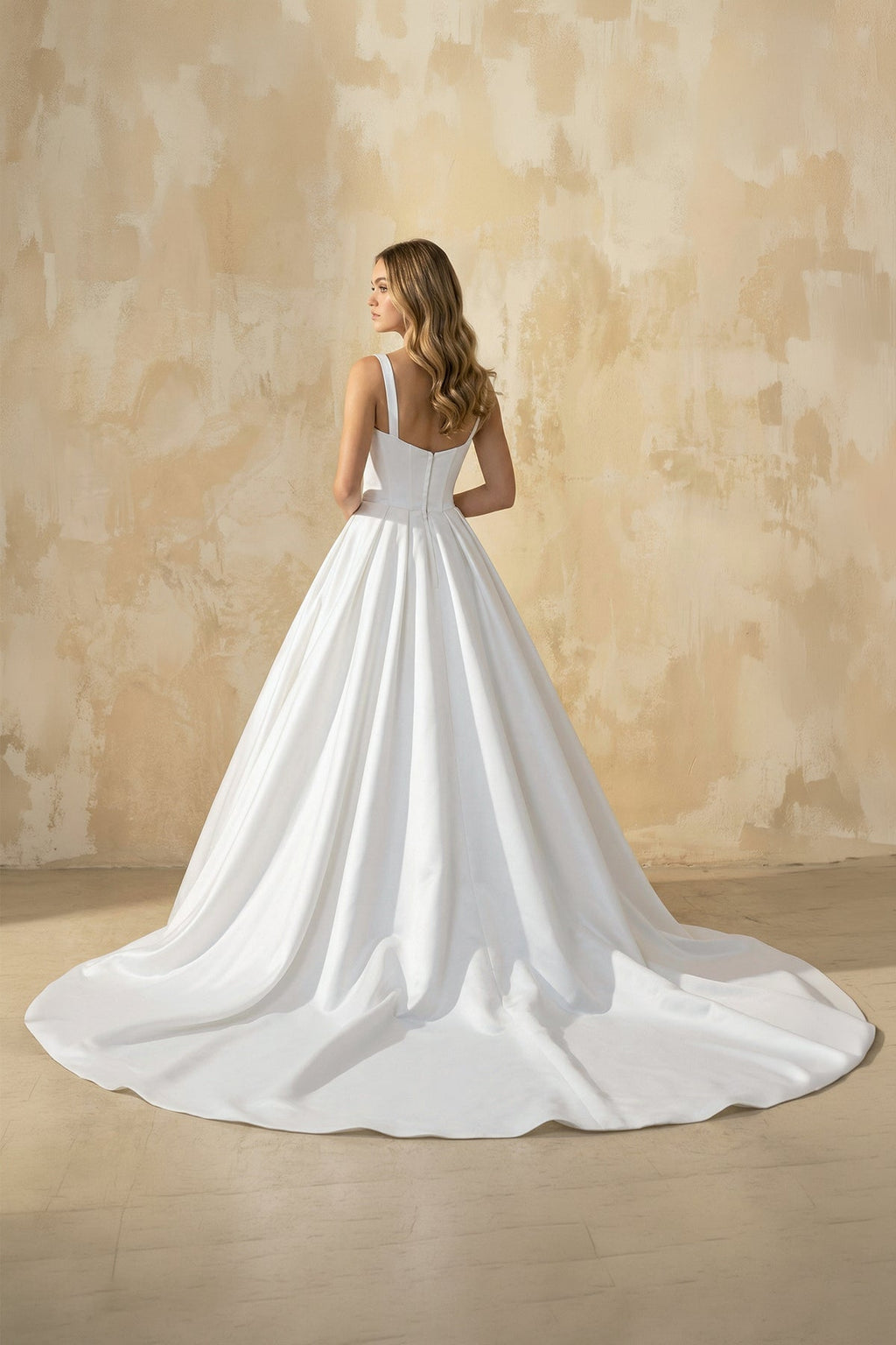 Spaghetti Straps Satin Ball Gown With Appliques in White - SHE IS ME Wedding Dresses